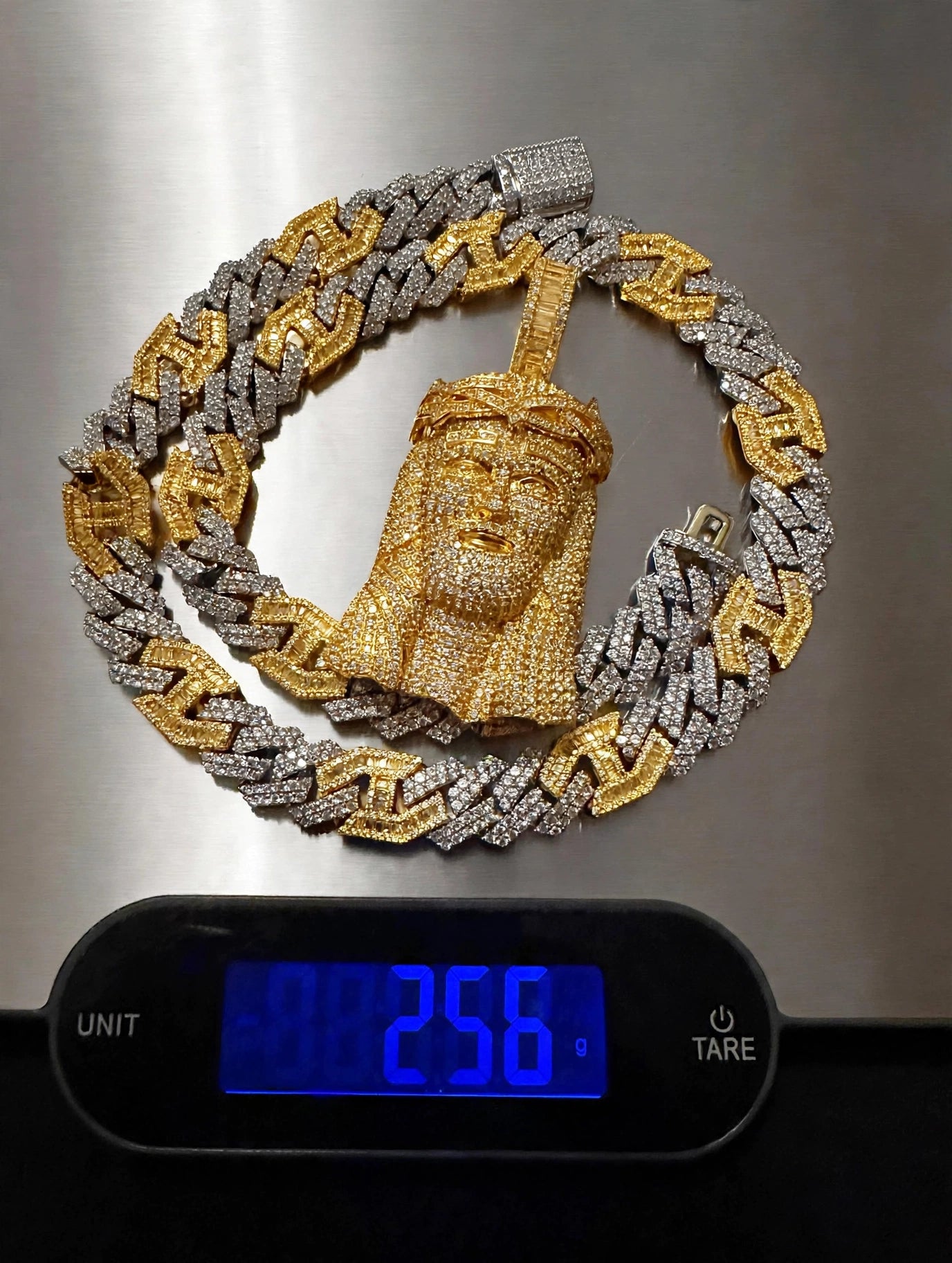 XXL JESUS Pendant 14mm Figarucci 98.6ct Lab Sim VVS1 Diamond Necklace - Two Tone Gold