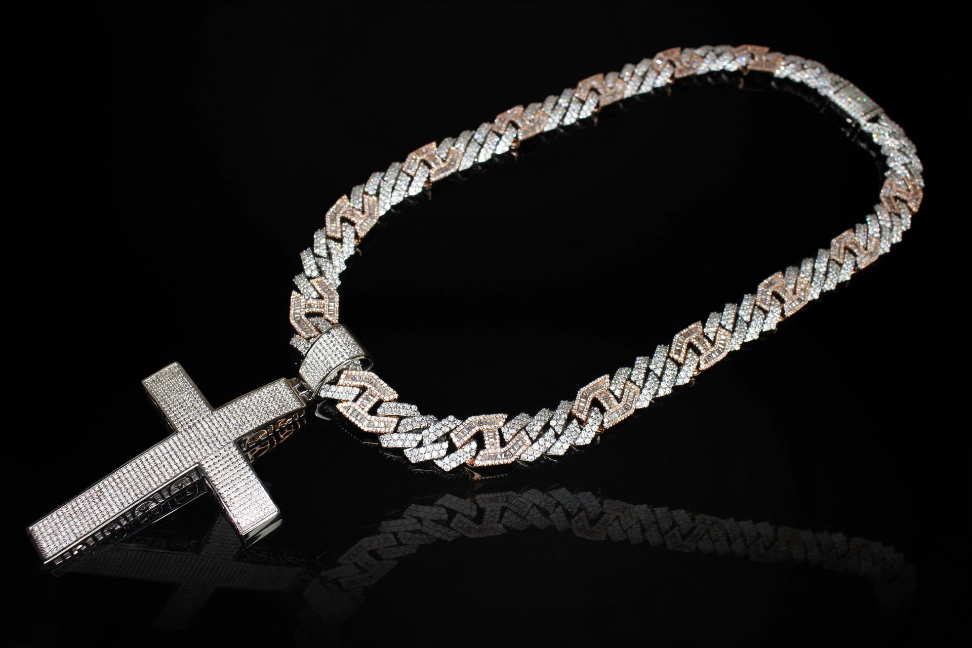 XL CROSS Pendant 14mm Figarucci 98.6ct Lab Sim VVS1 Diamond Necklace - Two Tone White/Rose Gold