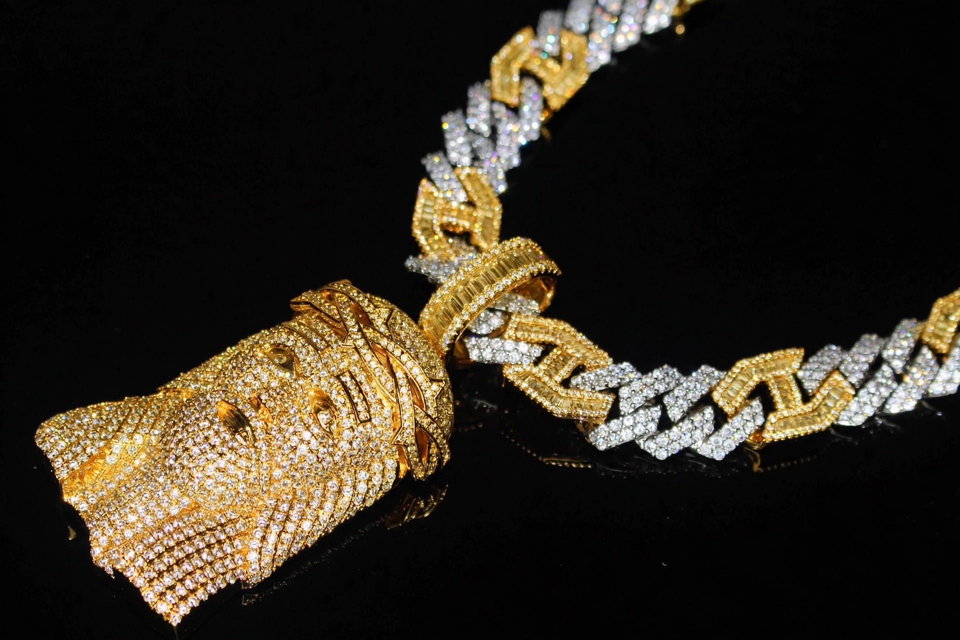 XXL JESUS Pendant 14mm Figarucci 98.6ct Lab Sim VVS1 Diamond Necklace - Two Tone Gold