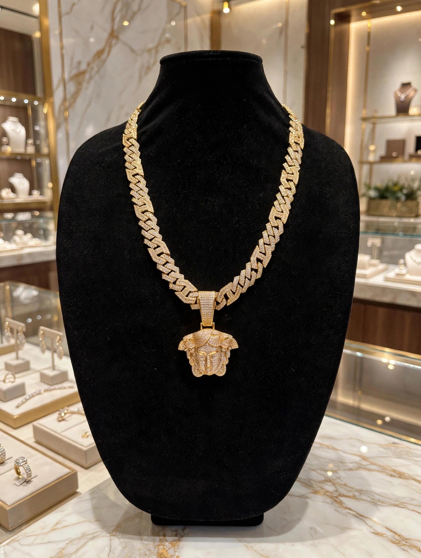 XL Medusa Pendant 14mm Figarucci 98.6ct Lab Sim VVS1 Diamond Necklace - Gold