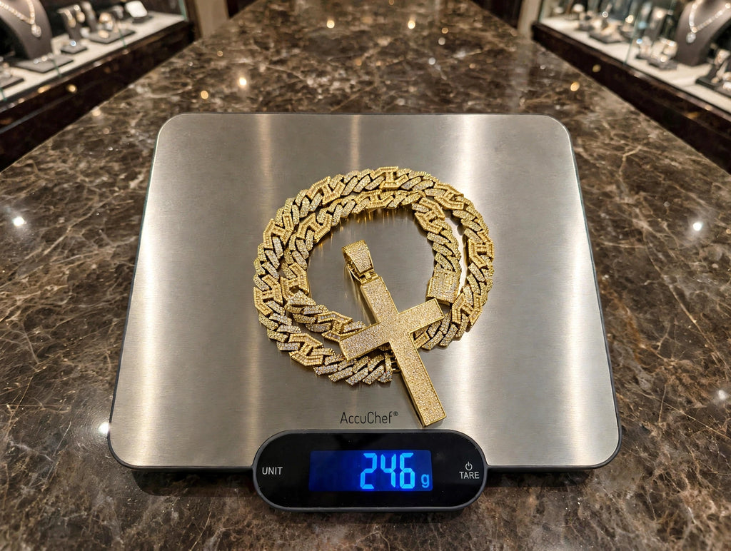 XL CROSS Pendant 14mm Figarucci 98.6ct Lab Sim VVS1 Diamond Necklace - Gold