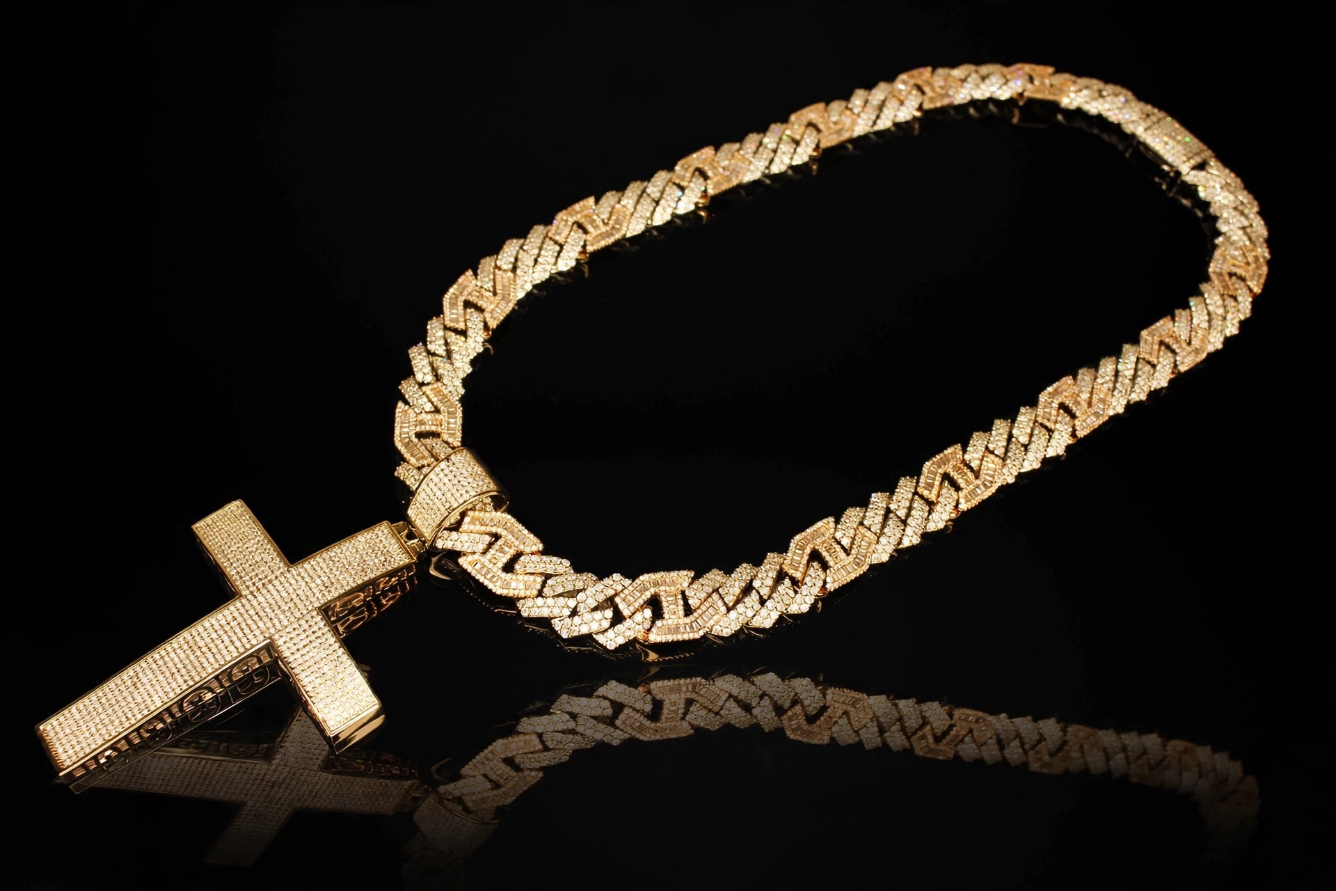 XL CROSS Pendant 14mm Figarucci 98.6ct Lab Sim VVS1 Diamond Necklace - Gold