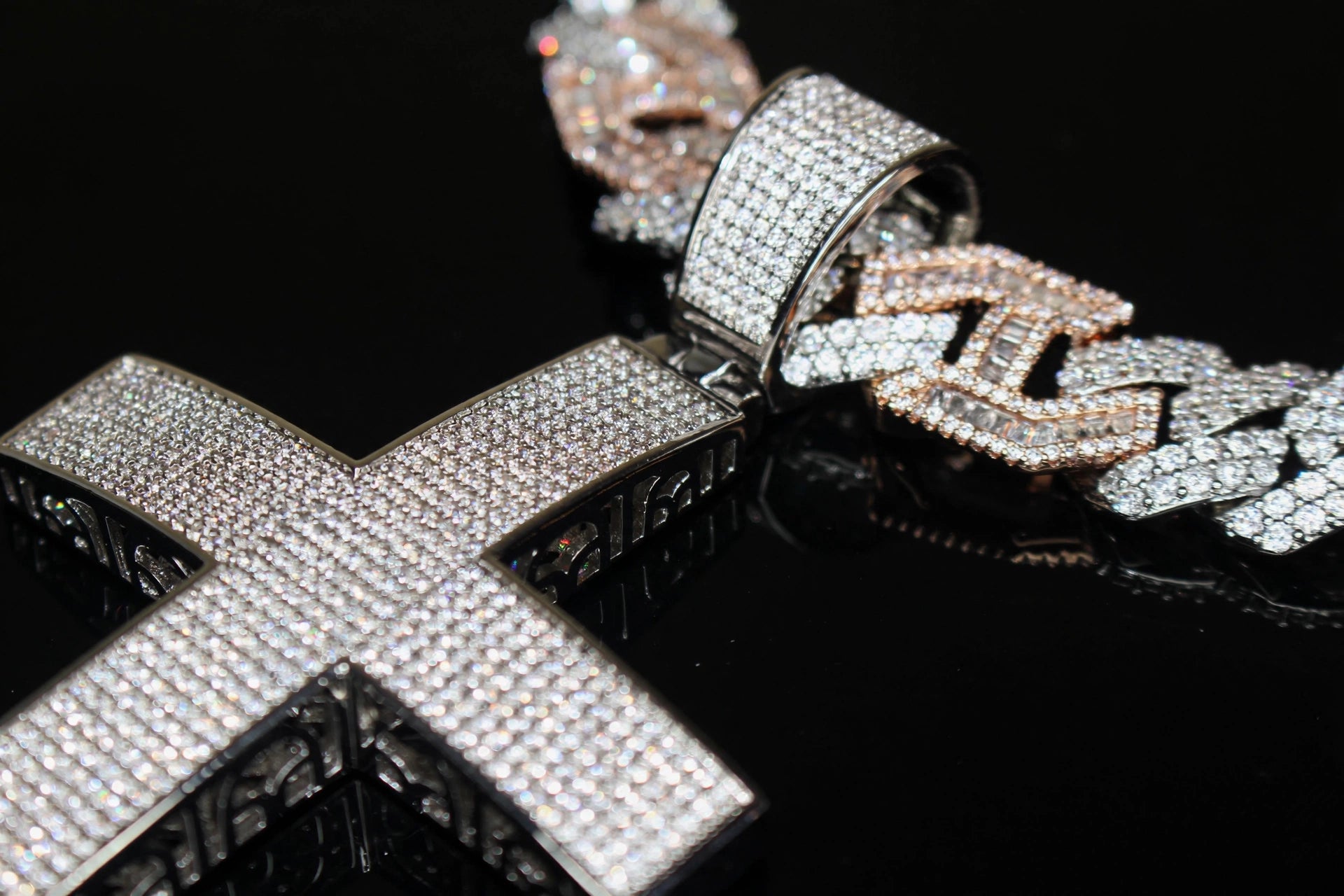 XL CROSS Pendant 14mm Figarucci 98.6ct Lab Sim VVS1 Diamond Necklace - Two Tone White/Rose Gold