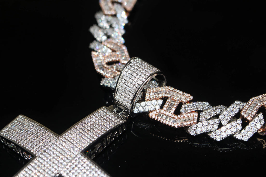 XL CROSS Pendant 14mm Figarucci 98.6ct Lab Sim VVS1 Diamond Necklace - Two Tone White/Rose Gold