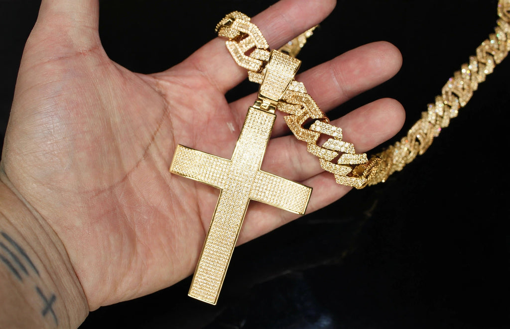 XL CROSS Pendant 14mm Figarucci 98.6ct Lab Sim VVS1 Diamond Necklace - Gold