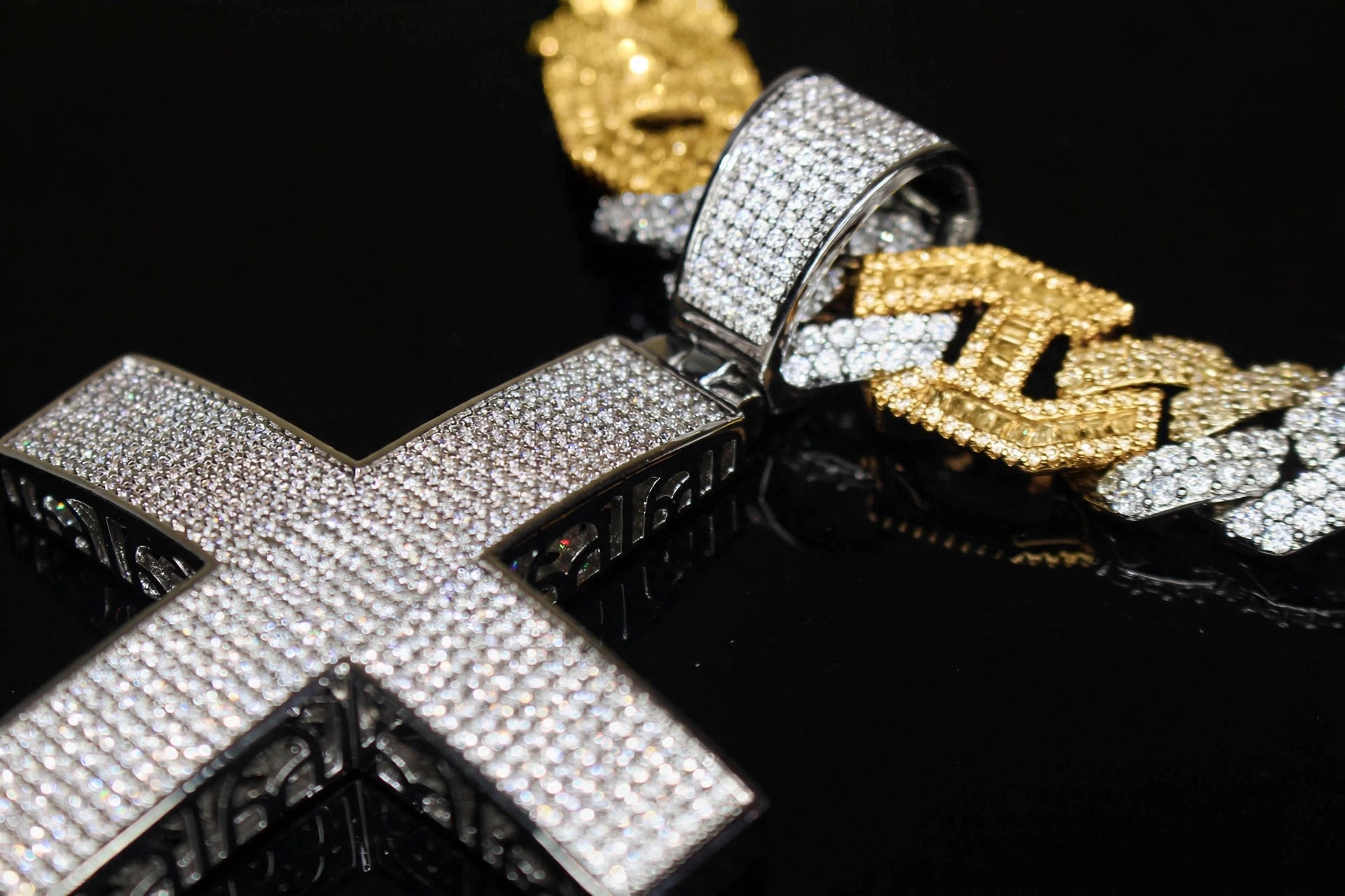 XL CROSS Pendant 14mm Figarucci 98.6ct Lab Sim VVS1 Diamond Necklace - Two Tone Gold