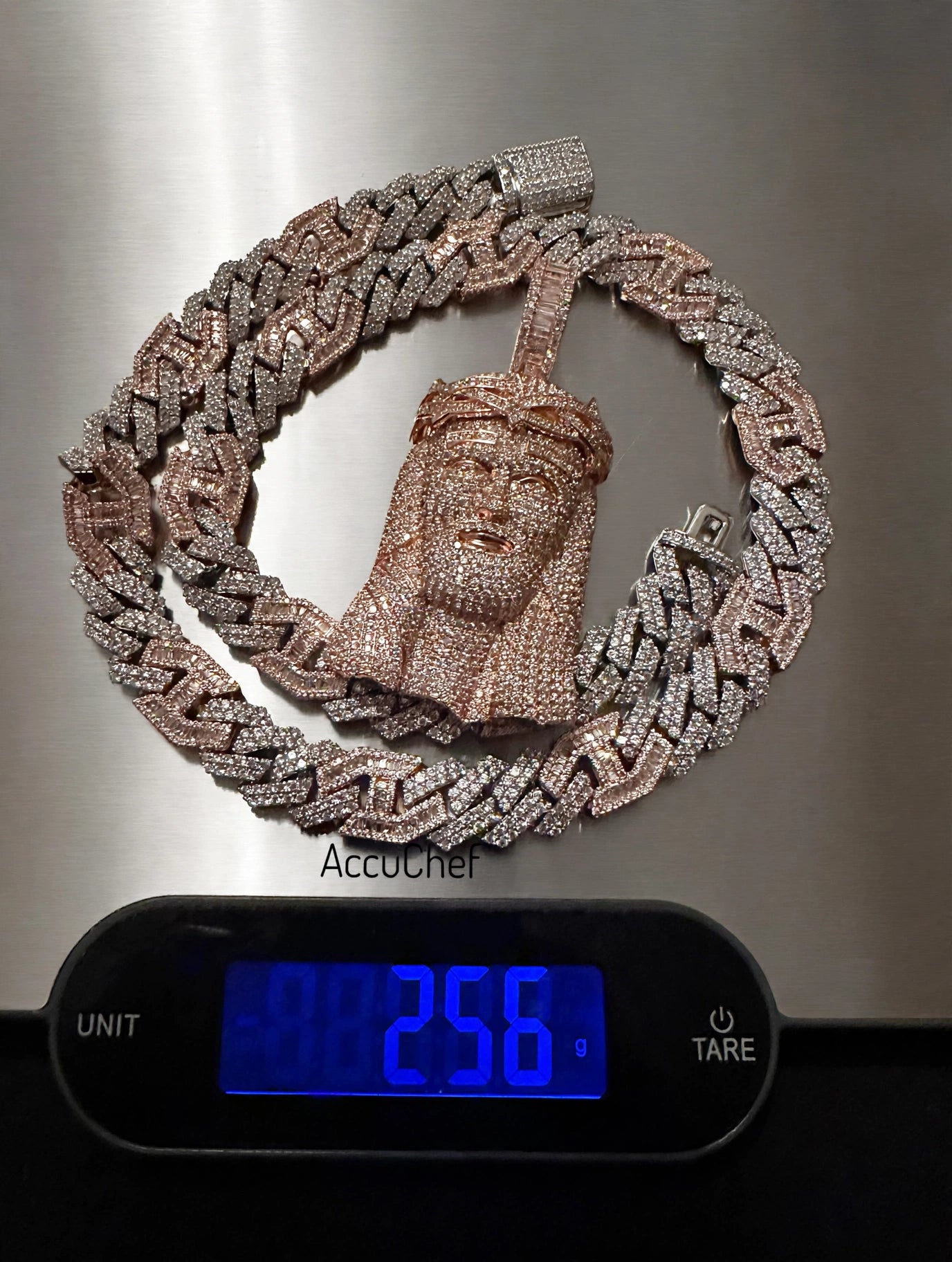 XXL JESUS Pendant 14mm Figarucci 98.6ct Lab Sim VVS1 Diamond Necklace - Two Tone White/Rose Gold