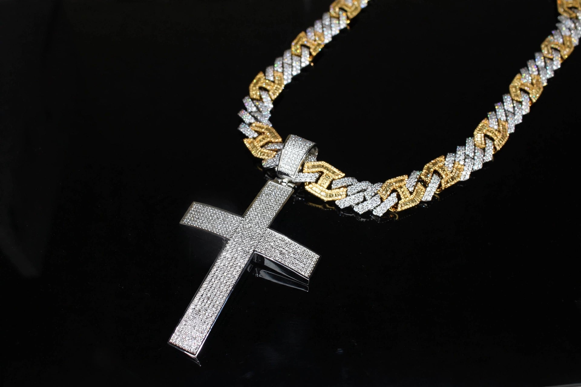 XL CROSS Pendant 14mm Figarucci 98.6ct Lab Sim VVS1 Diamond Necklace - Two Tone Gold
