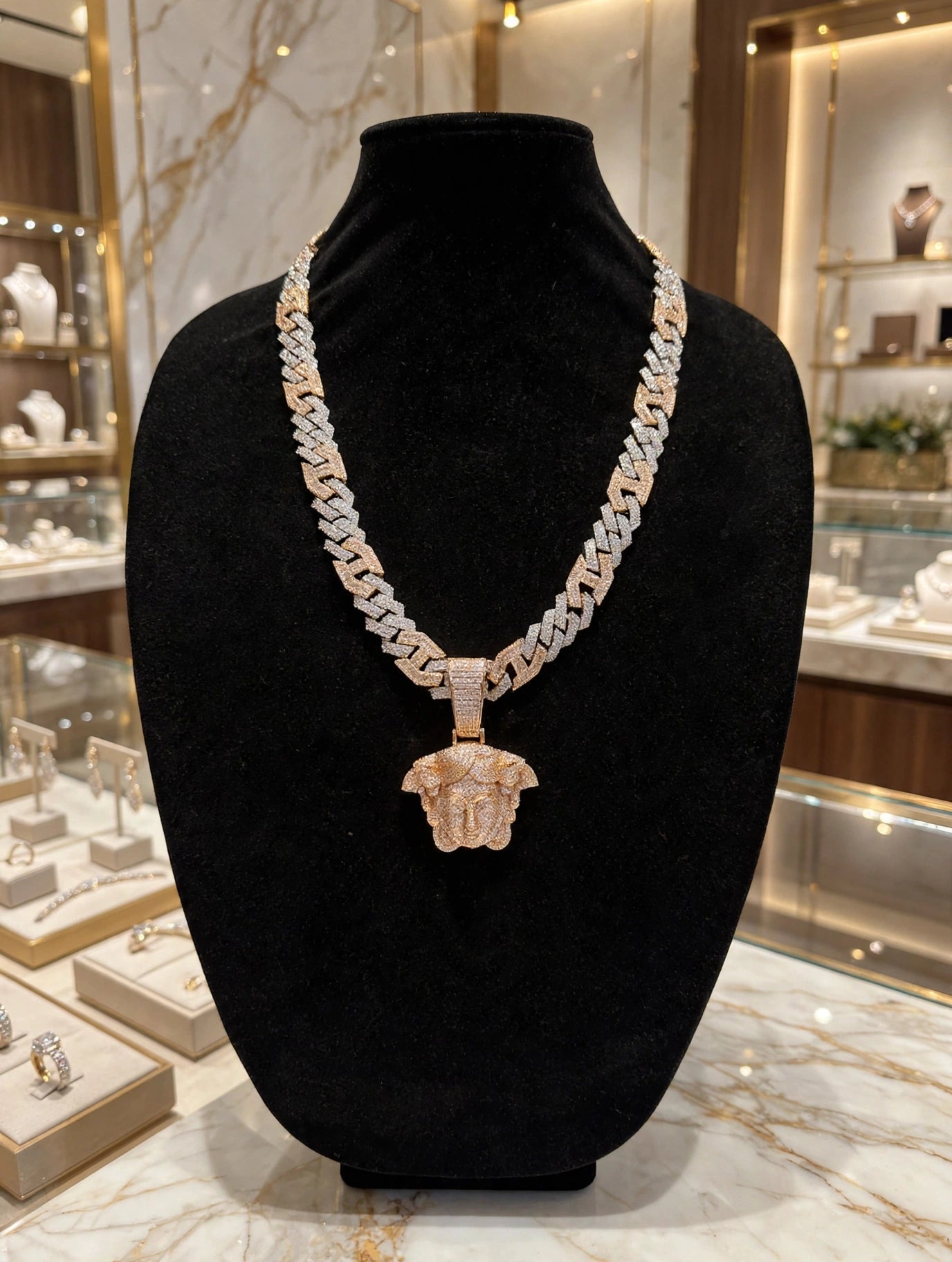 XL Medusa Pendant 14mm Figarucci 98.6ct Lab Sim VVS1 Diamond Necklace - Two Tone White/Rose Gold