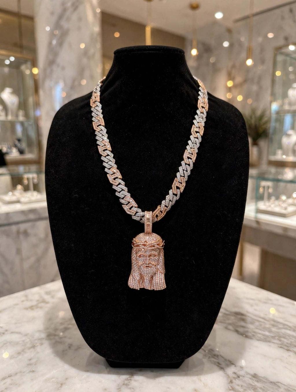 XXL JESUS Pendant 14mm Figarucci 98.6ct Lab Sim VVS1 Diamond Necklace - Two Tone White/Rose Gold