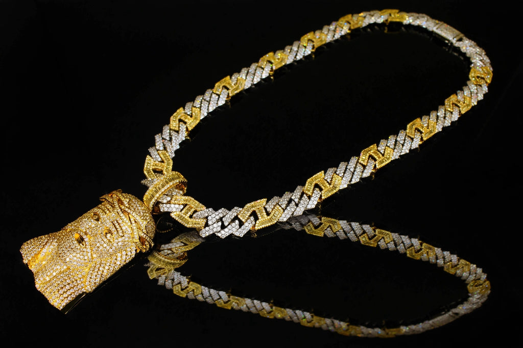 XXL JESUS Pendant 14mm Figarucci 98.6ct Lab Sim VVS1 Diamond Necklace - Two Tone Gold