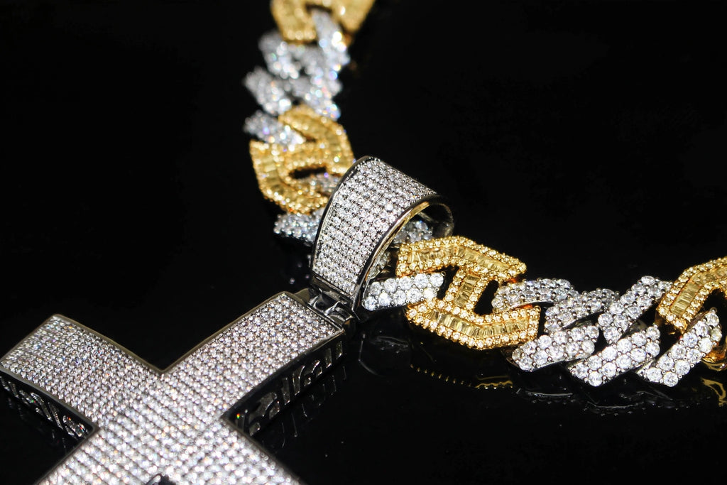 XL CROSS Pendant 14mm Figarucci 98.6ct Lab Sim VVS1 Diamond Necklace - Two Tone Gold