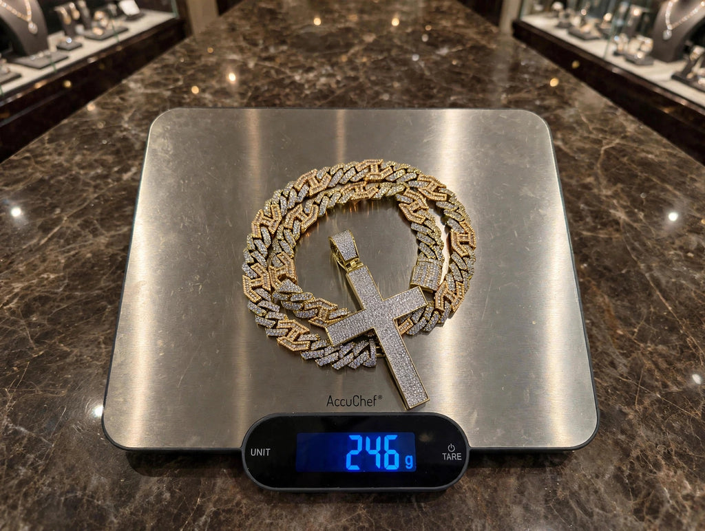 XL CROSS Pendant 14mm Figarucci 98.6ct Lab Sim VVS1 Diamond Necklace - Two Tone Gold