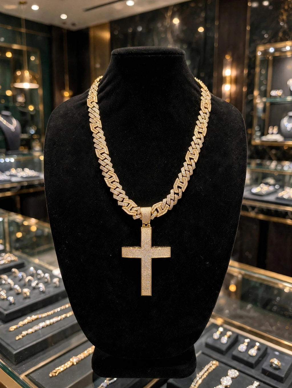 XL CROSS Pendant 14mm Figarucci 98.6ct Lab Sim VVS1 Diamond Necklace - Gold