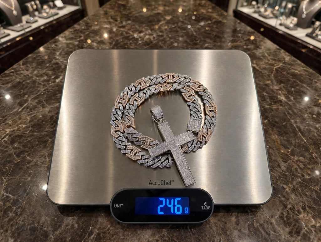 XL CROSS Pendant 14mm Figarucci 98.6ct Lab Sim VVS1 Diamond Necklace - Two Tone White/Rose Gold