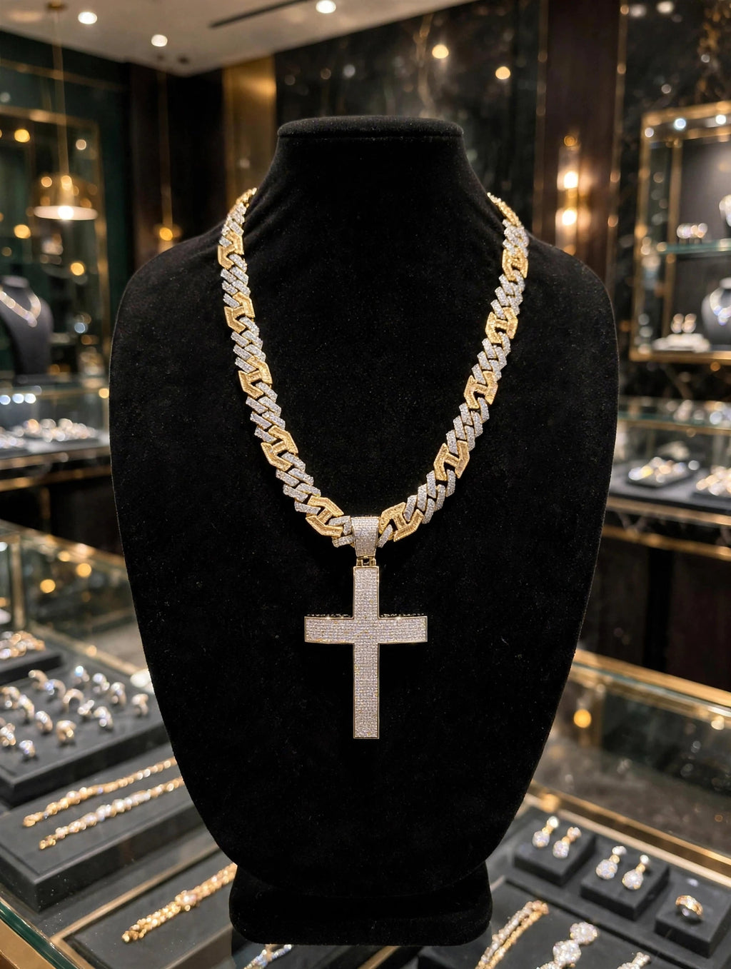 XL CROSS Pendant 14mm Figarucci 98.6ct Lab Sim VVS1 Diamond Necklace - Two Tone Gold