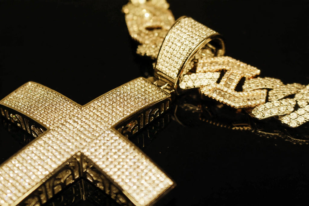 XL CROSS Pendant 14mm Figarucci 98.6ct Lab Sim VVS1 Diamond Necklace - Gold