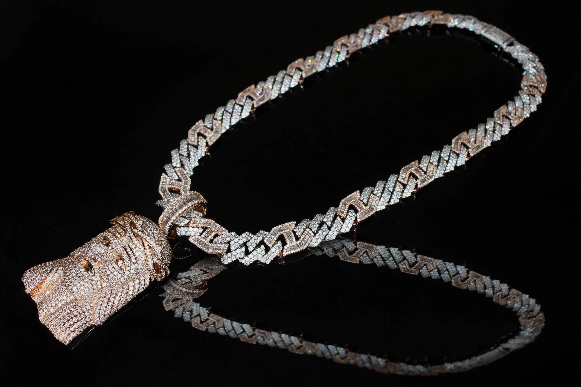 XXL JESUS Pendant 14mm Figarucci 98.6ct Lab Sim VVS1 Diamond Necklace - Two Tone White/Rose Gold