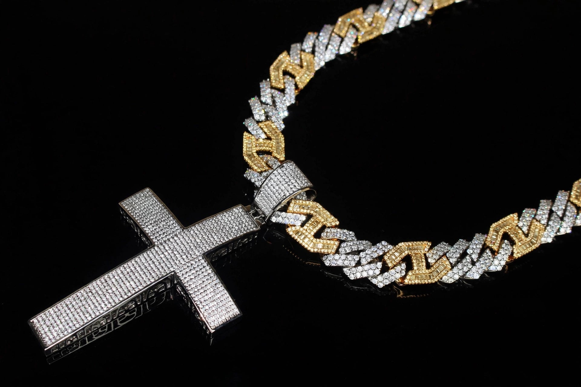 XL CROSS Pendant 14mm Figarucci 98.6ct Lab Sim VVS1 Diamond Necklace - Two Tone Gold