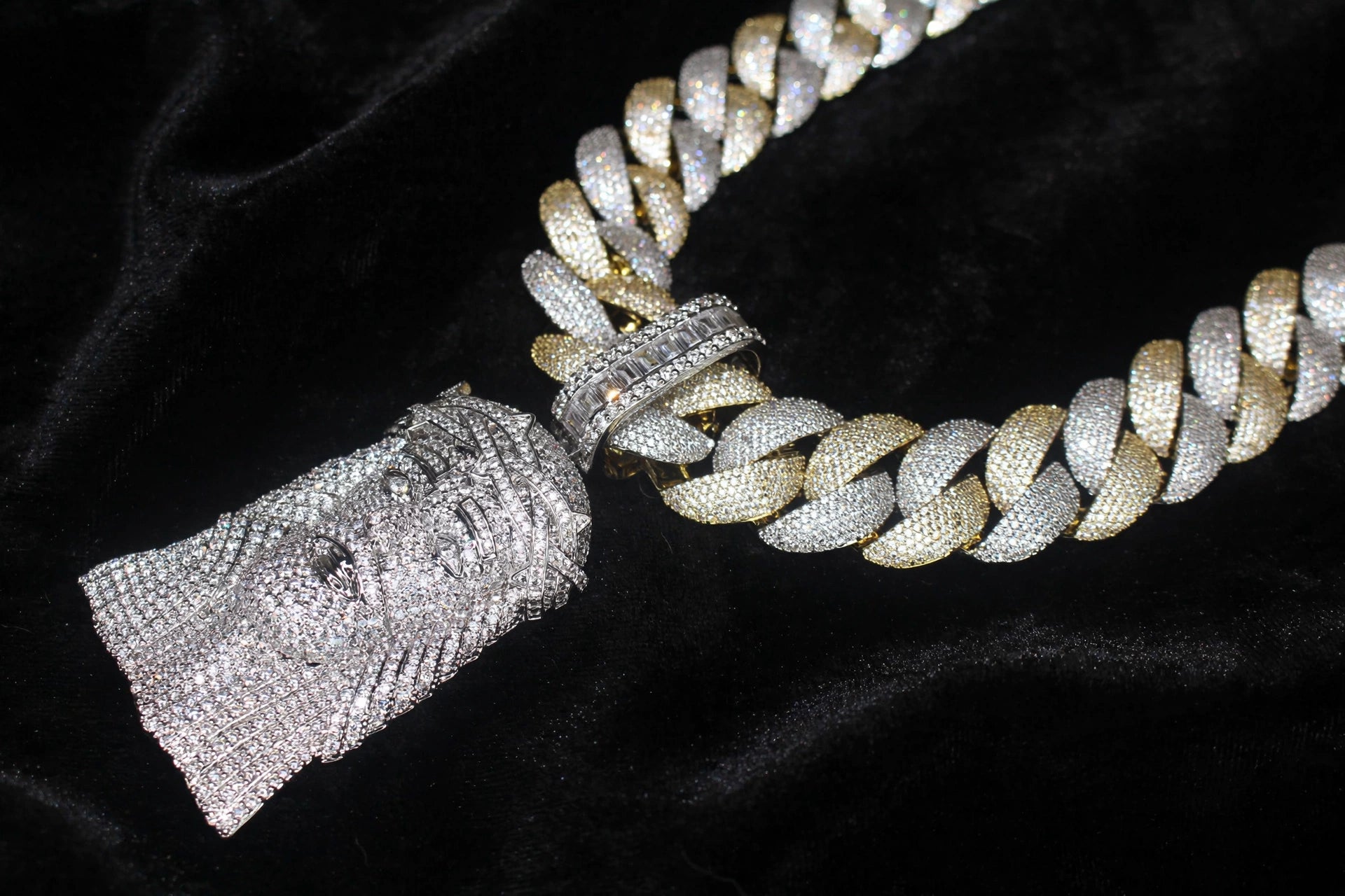 XXL Jesus Pendant 24mm Cuban Miami 196ct Lab Sim VVS1 Diamond Necklace - 1LB Weight GOLD 2-Tone