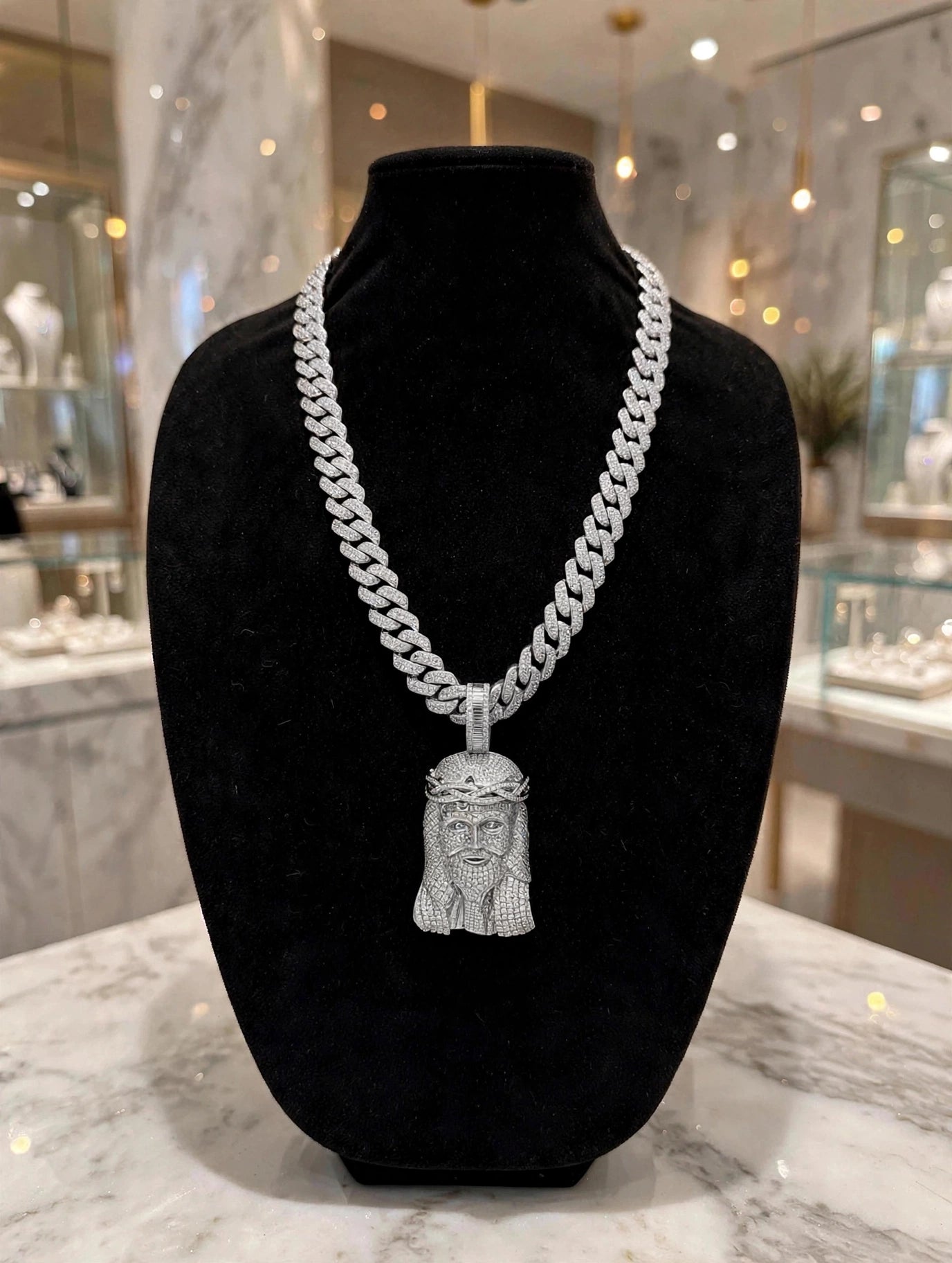 XXL JESUS Pendant 14mm Figarucci 98.6ct Lab Sim VVS1 Diamond Necklace