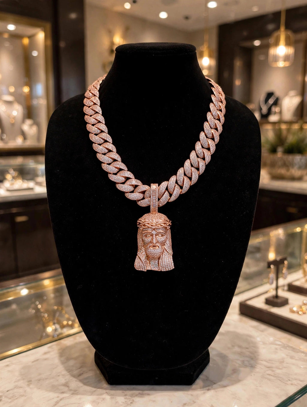 XXL Jesus Pendant 24mm Cuban Miami 196ct Lab Sim VVS1 Diamond Necklace - 1LB Weight Rose GOLD