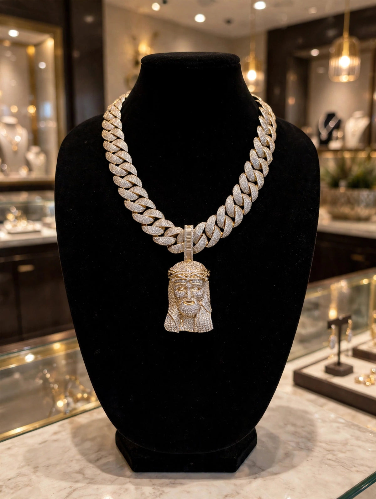 XXL Jesus Pendant 24mm Cuban Miami 196ct Lab Sim VVS1 Diamond Necklace - 1LB Weight GOLD