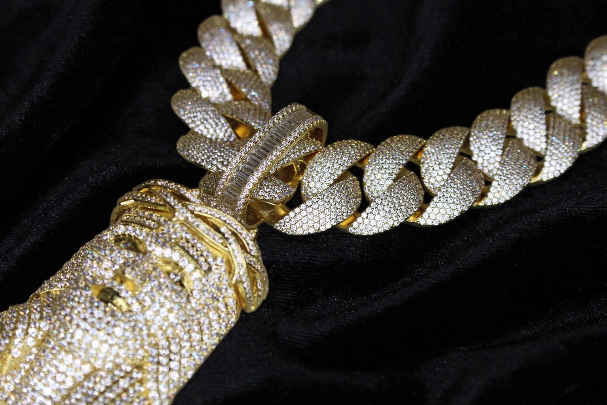 XXL Jesus Pendant 24mm Cuban Miami 196ct Lab Sim VVS1 Diamond Necklace - 1LB Weight GOLD