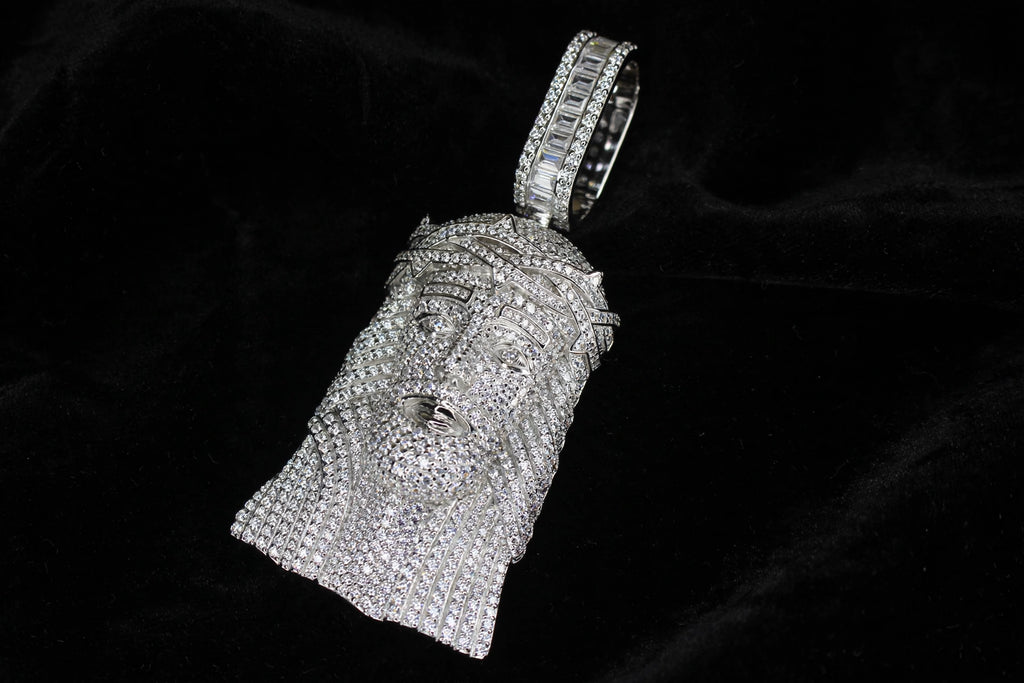 925 STERLING SILVER XXL JESUS HEAD MASSIVE Pendant 15.2ct Lab Sim BAGUETTE VVS1 Diamonds