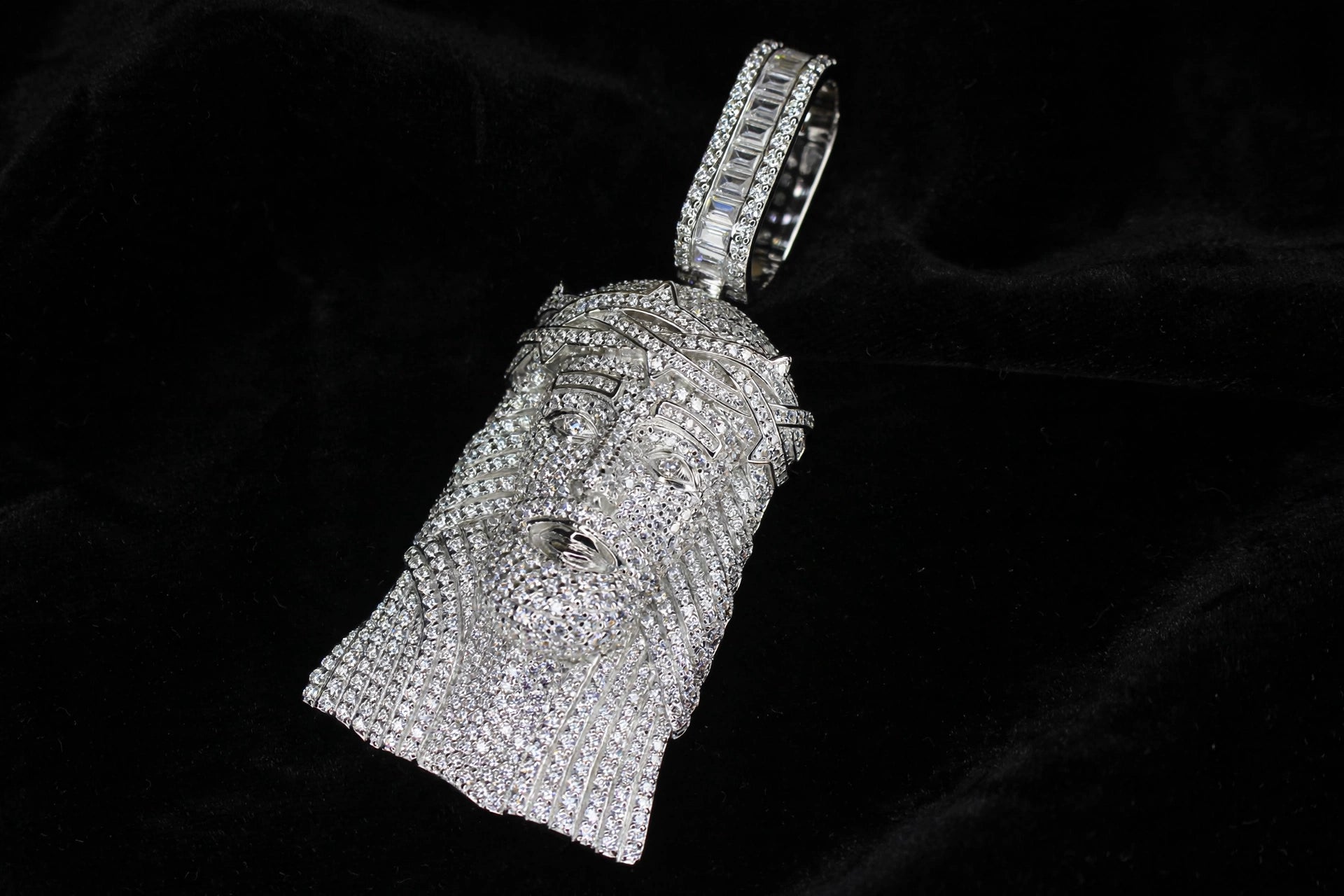925 STERLING SILVER XXL JESUS HEAD MASSIVE Pendant 15.2ct Lab Sim BAGUETTE VVS1 Diamonds
