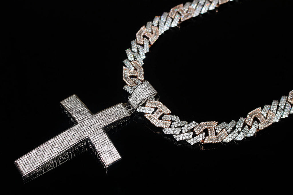 XL CROSS Pendant 14mm Figarucci 98.6ct Lab Sim VVS1 Diamond Necklace - Two Tone White/Rose Gold