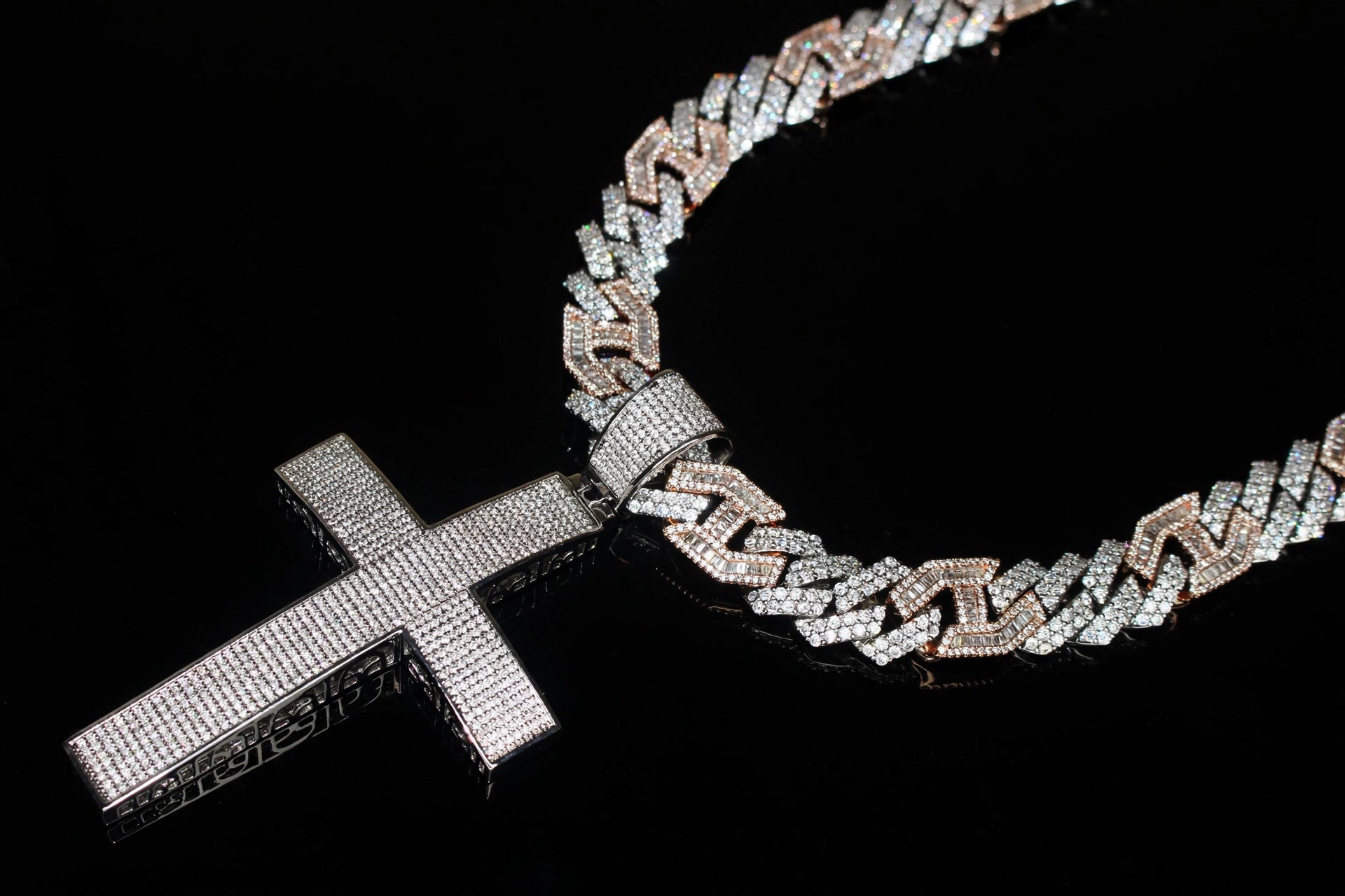 XL CROSS Pendant 14mm Figarucci 98.6ct Lab Sim VVS1 Diamond Necklace - Two Tone White/Rose Gold