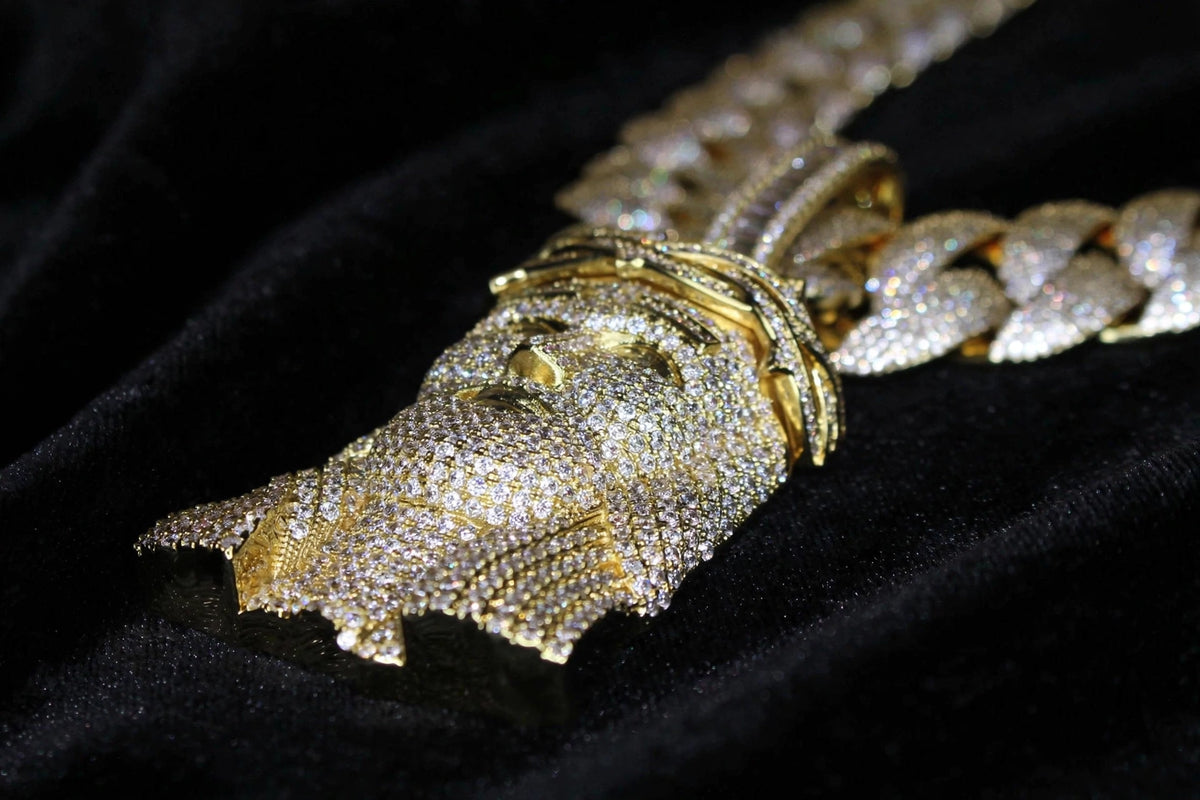XXL Jesus Pendant 24mm Cuban Miami 196ct Lab Sim VVS1 Diamond Necklace - 1LB Weight GOLD