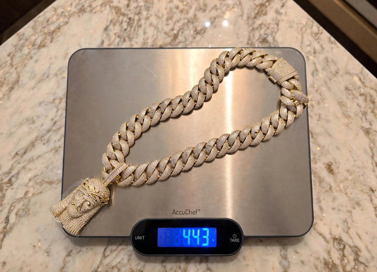 XXL Jesus Pendant 24mm Cuban Miami 196ct Lab Sim VVS1 Diamond Necklace - 1LB Weight GOLD