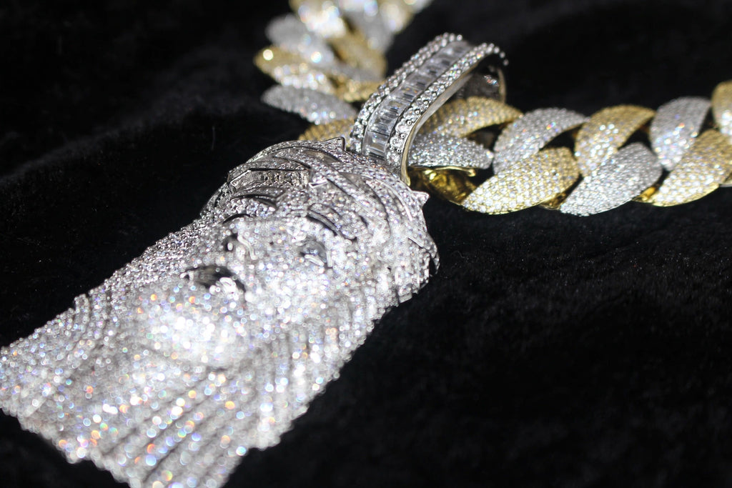 XXL Jesus Pendant 24mm Cuban Miami 196ct Lab Sim VVS1 Diamond Necklace - 1LB Weight GOLD 2-Tone