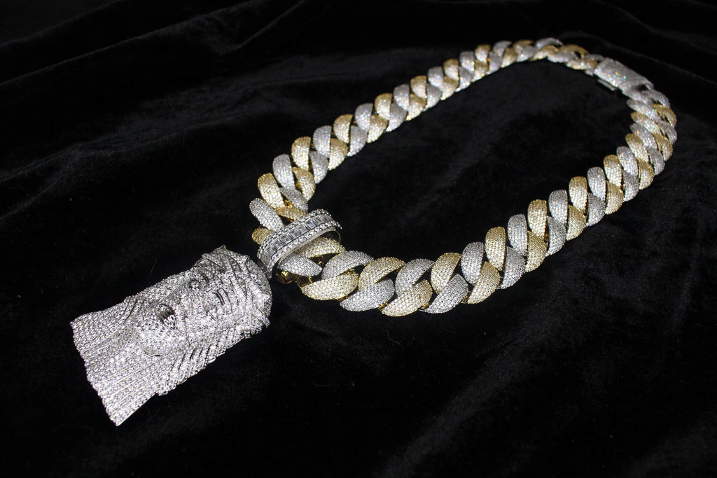 XXL Jesus Pendant 24mm Cuban Miami 196ct Lab Sim VVS1 Diamond Necklace - 1LB Weight GOLD 2-Tone