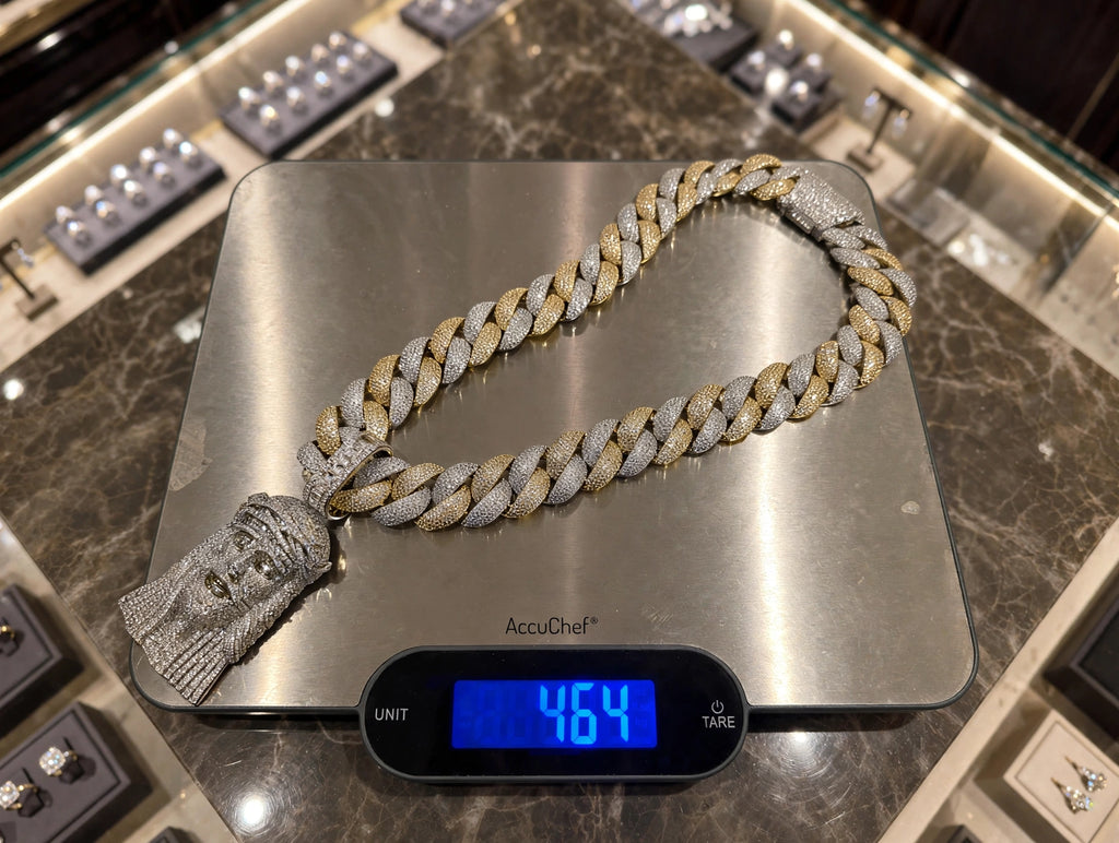 XXL Jesus Pendant 24mm Cuban Miami 196ct Lab Sim VVS1 Diamond Necklace - 1LB Weight GOLD 2-Tone
