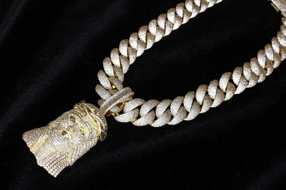 XXL Jesus Pendant 24mm Cuban Miami 196ct Lab Sim VVS1 Diamond Necklace - 1LB Weight GOLD