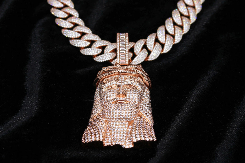 XXL Jesus Pendant 24mm Cuban Miami 196ct Lab Sim VVS1 Diamond Necklace - 1LB Weight Rose GOLD