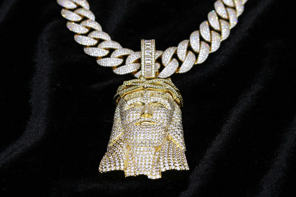 XXL Jesus Pendant 24mm Cuban Miami 196ct Lab Sim VVS1 Diamond Necklace - 1LB Weight GOLD