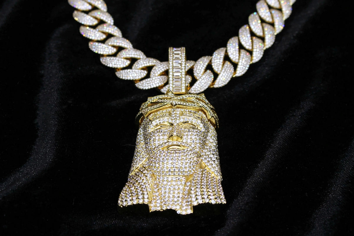 XXL Jesus Pendant 24mm Cuban Miami 196ct Lab Sim VVS1 Diamond Necklace - 1LB Weight GOLD