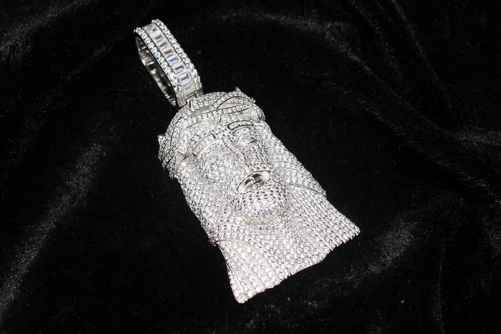 925 STERLING SILVER XXL JESUS HEAD MASSIVE Pendant 15.2ct Lab Sim BAGUETTE VVS1 Diamonds