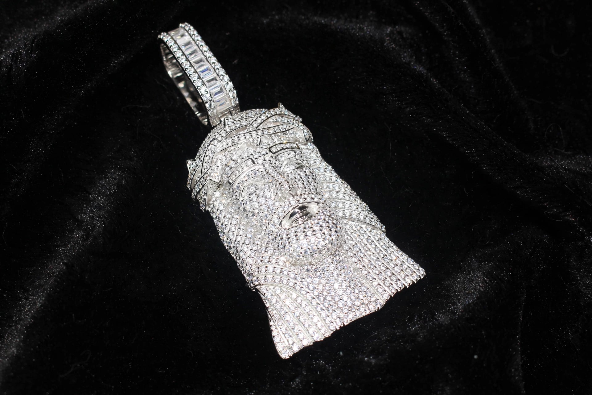 925 STERLING SILVER XXL JESUS HEAD MASSIVE Pendant 15.2ct Lab Sim BAGUETTE VVS1 Diamonds