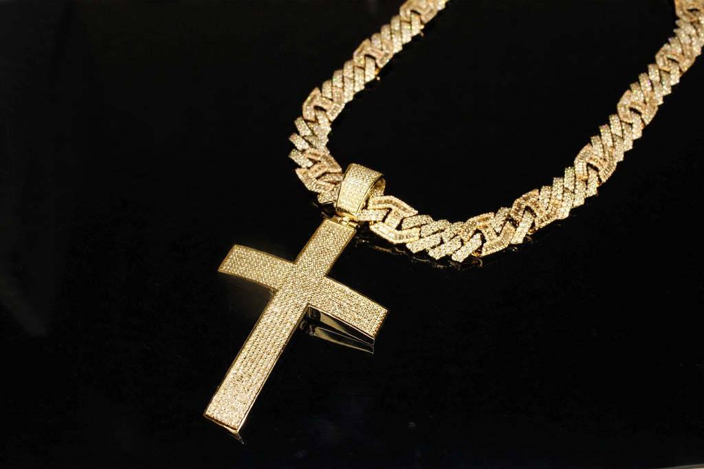 XL CROSS Pendant 14mm Figarucci 98.6ct Lab Sim VVS1 Diamond Necklace - Gold