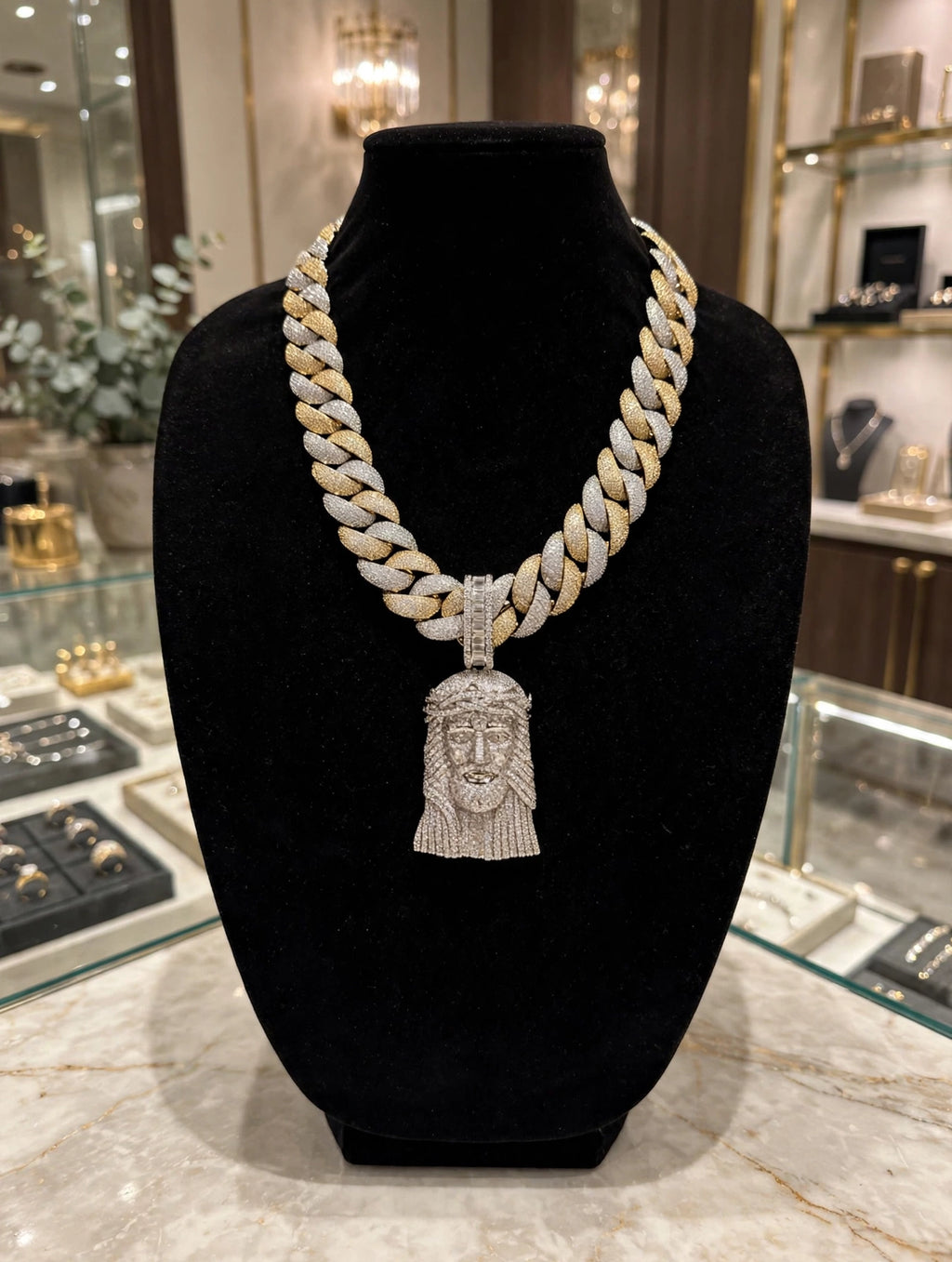 XXL Jesus Pendant 24mm Cuban Miami 196ct Lab Sim VVS1 Diamond Necklace - 1LB Weight GOLD 2-Tone