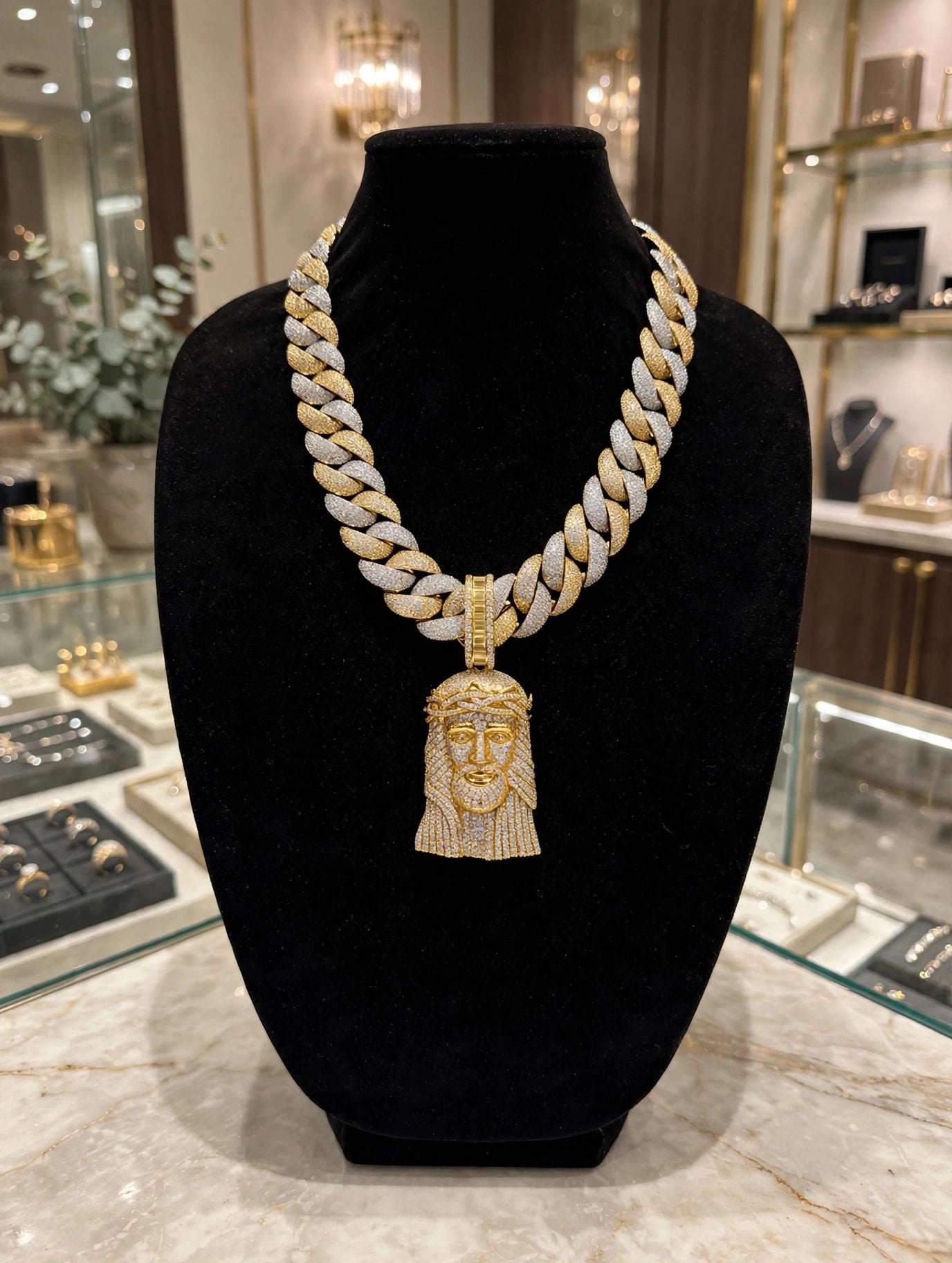 XXL Jesus Pendant 24mm Cuban Miami 196ct Lab Sim VVS1 Diamond Necklace - 1LB Weight GOLD Two-Tone