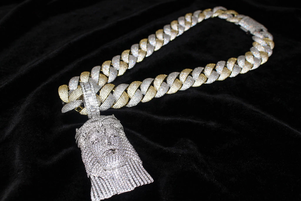 XXL Jesus Pendant 24mm Cuban Miami 196ct Lab Sim VVS1 Diamond Necklace - 1LB Weight GOLD 2-Tone