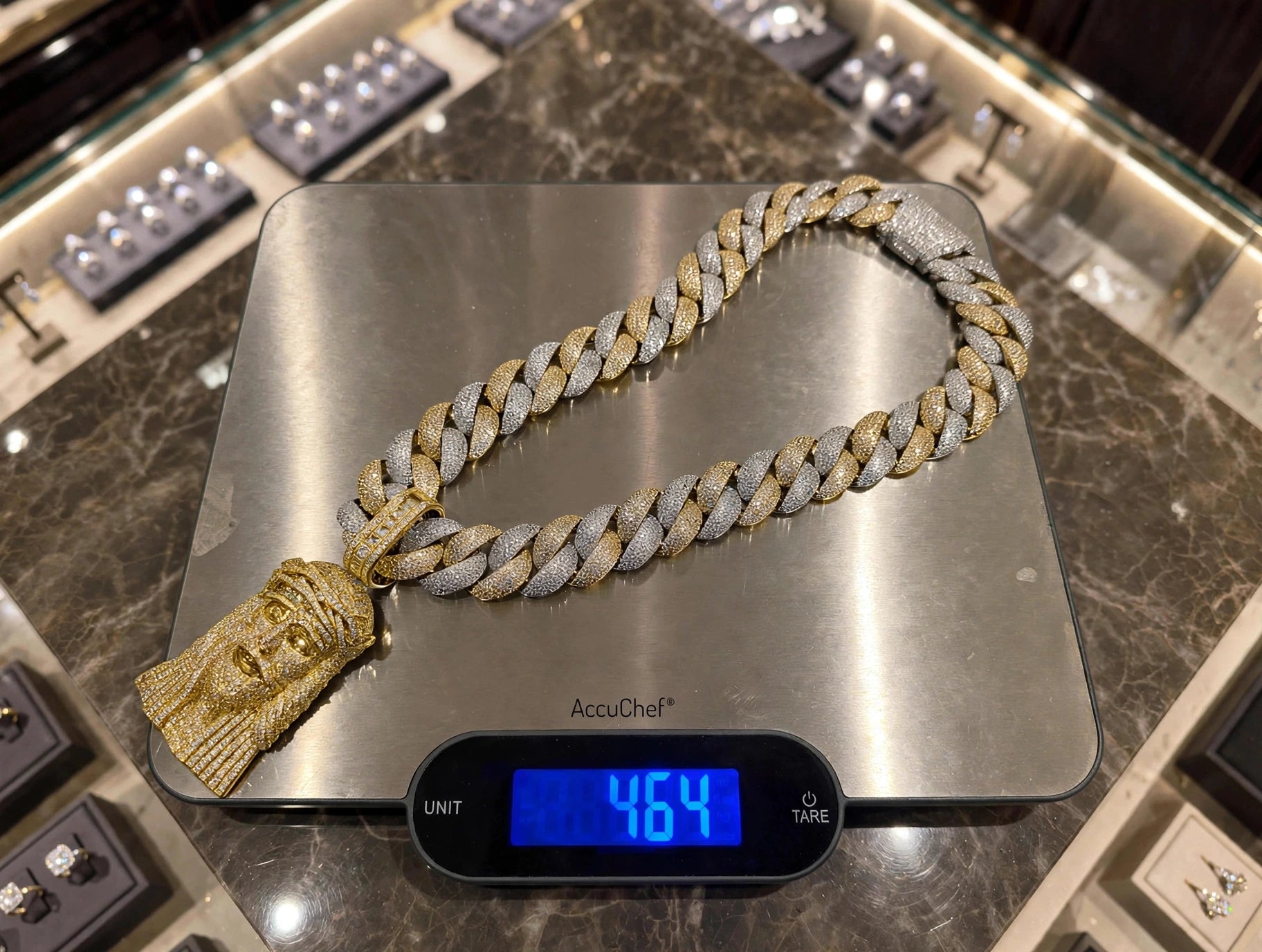 XXL Jesus Pendant 24mm Cuban Miami 196ct Lab Sim VVS1 Diamond Necklace - 1LB Weight GOLD Two-Tone
