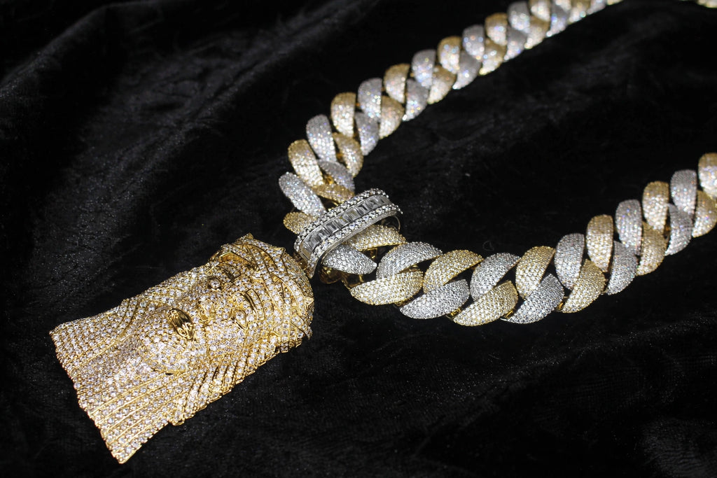 XXL Jesus Pendant 24mm Cuban Miami 196ct Lab Sim VVS1 Diamond Necklace - 1LB Weight GOLD Two-Tone