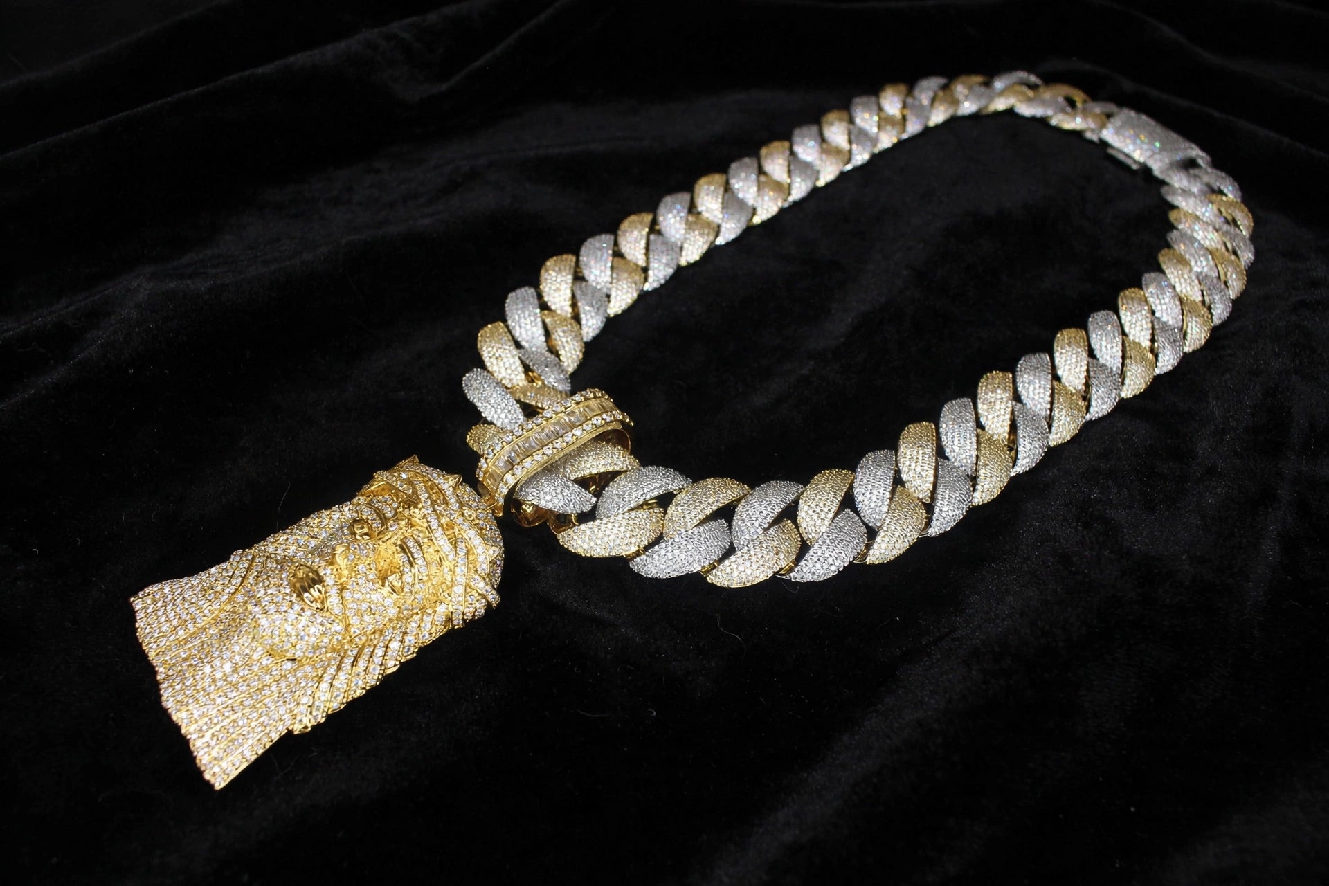 XXL Jesus Pendant 24mm Cuban Miami 196ct Lab Sim VVS1 Diamond Necklace - 1LB Weight GOLD Two-Tone